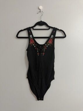 American Eagle Outfitters Black Lace-Up Bodysuit with Red Floral Embroidery